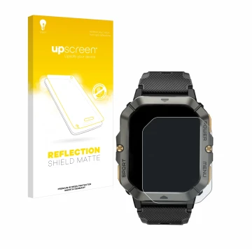 Face avant d’un emballage produit avec le logo de la marque upscreen. À côté, l’appareil Banlvs Smartwatch 2.02