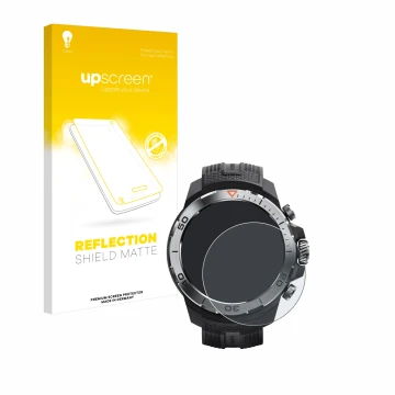 Face avant d’un emballage produit avec le logo de la marque upscreen. À côté, l’appareil Xiaomi Mibro GS Explorer est représen