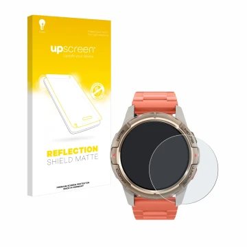 Face avant d’un emballage produit avec le logo de la marque upscreen. À côté, l’appareil Xiaomi Mibro GS Active est représenté