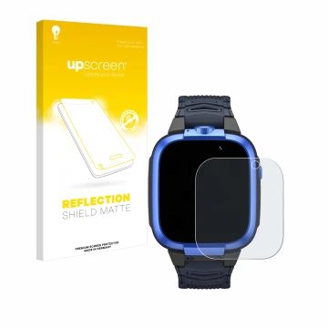 Face avant d’un emballage produit avec le logo de la marque upscreen. À côté, l’appareil Xiaomi Mibro Kids Z3 est représenté a