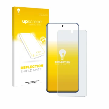 Face avant d’un emballage produit avec le logo de la marque upscreen. À côté, l’appareil Vivo V50 est représenté avec la prote