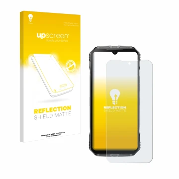 Face avant d’un emballage produit avec le logo de la marque upscreen. À côté, l’appareil Doogee S Cyber Pro est représenté ave