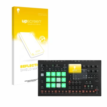 Face avant d’un emballage produit avec le logo de la marque upscreen. À côté, l’appareil Elektron Analog Rytm MKII est représe