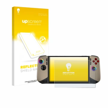 Face avant d’un emballage produit avec le logo de la marque upscreen. À côté, l’appareil MSI Claw 8 AI+ est représenté avec la