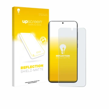 Face avant d’un emballage produit avec le logo de la marque upscreen. À côté, l’appareil Samsung Galaxy S25 Enterprise Edition