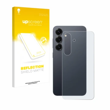 Face avant d’un emballage produit avec le logo de la marque upscreen. À côté, l’appareil Samsung Galaxy S25 Enterprise Edition