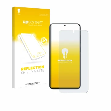 Face avant d’un emballage produit avec le logo de la marque upscreen. À côté, l’appareil Samsung Galaxy S25 Plus Enterprise Ed