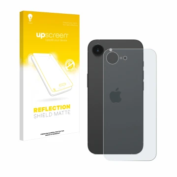 Face avant d’un emballage produit avec le logo de la marque upscreen. À côté, l’appareil Apple iPhone 16e (Arrière) est représ
