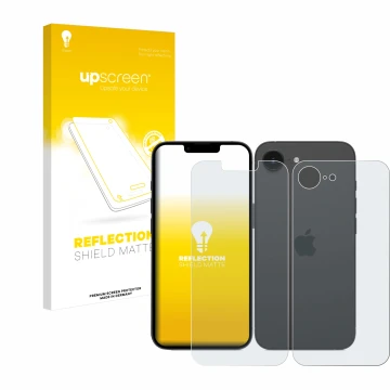 Face avant d’un emballage produit avec le logo de la marque upscreen. À côté, l’appareil Apple iPhone 16e (Avant+Arrière) est 