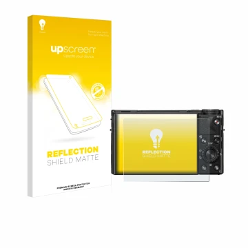 Face avant d’un emballage produit avec le logo de la marque upscreen. À côté, l’appareil Sony Cyber-Shot DSC-RX100 VIIA est re