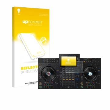 Face avant d’un emballage produit avec le logo de la marque upscreen. À côté, l’appareil Pioneer XDJ-AZ est représenté avec la