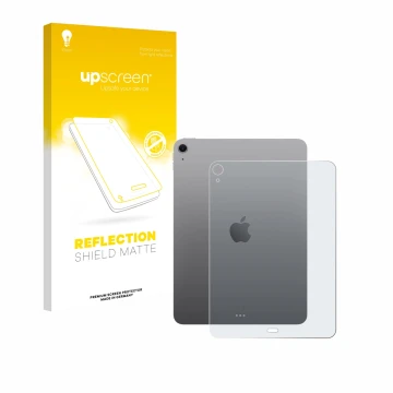 Face avant d’un emballage produit avec le logo de la marque upscreen. À côté, l’appareil Apple iPad Air 11