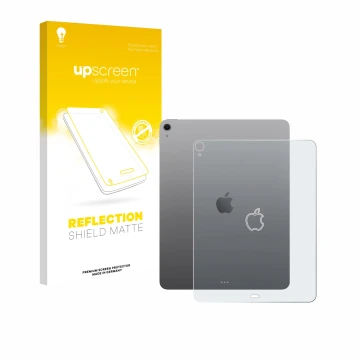 Face avant d’un emballage produit avec le logo de la marque upscreen. À côté, l’appareil Apple iPad Air 13
