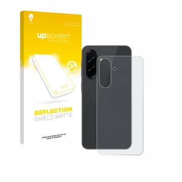 Face avant d’un emballage produit avec le logo de la marque upscreen. À côté, l’appareil Samsung Galaxy A36 5G (Arrière) est r