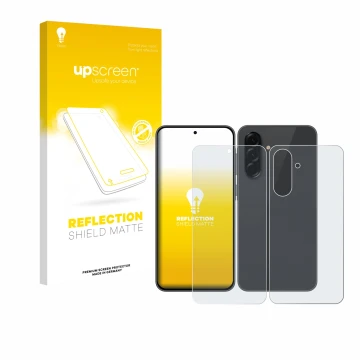 Face avant d’un emballage produit avec le logo de la marque upscreen. À côté, l’appareil Samsung Galaxy A36 5G (Avant+Arrière)