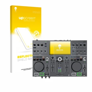 Face avant d’un emballage produit avec le logo de la marque upscreen. À côté, l’appareil Denon DJ Prime Go+ est représenté ave