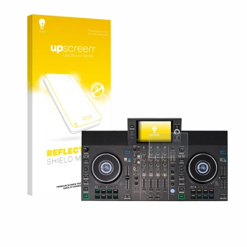 Face avant d’un emballage produit avec le logo de la marque upscreen. À côté, l’appareil Denon DJ SC LIVE 4 (Jog) est représen