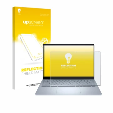 Face avant d’un emballage produit avec le logo de la marque upscreen. À côté, l’appareil Dell 14 Plus 2-in-1 est représenté av