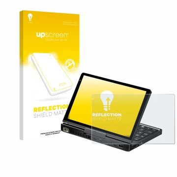 Face avant d’un emballage produit avec le logo de la marque upscreen. À côté, l’appareil GPD Pocket 4 est représenté avec la p