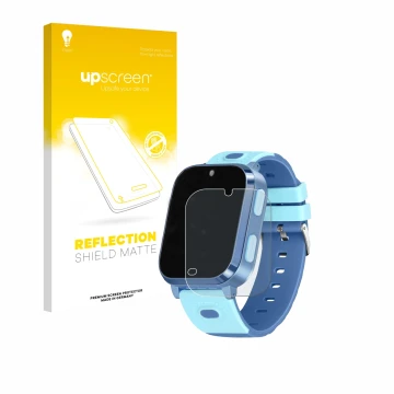 Face avant d’un emballage produit avec le logo de la marque upscreen. À côté, l’appareil Noctiluxia 4G Kids Smartwatch est rep