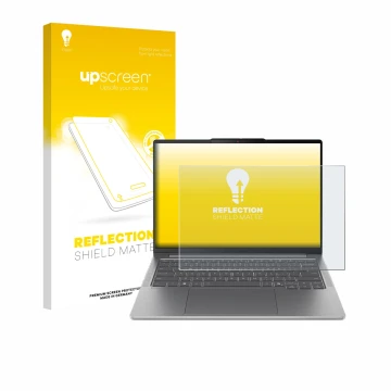 Face avant d’un emballage produit avec le logo de la marque upscreen. À côté, l’appareil Lenovo IdeaPad Pro 5 Gen 10 14