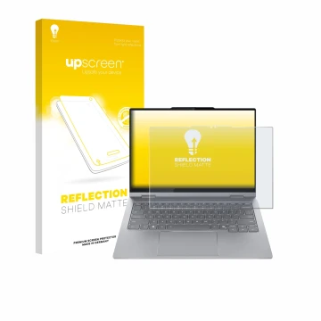 Face avant d’un emballage produit avec le logo de la marque upscreen. À côté, l’appareil Lenovo ThinkBook 14 2-in-1 Gen 5 est 