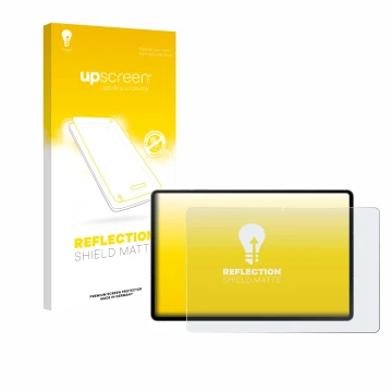 Face avant d’un emballage produit avec le logo de la marque upscreen. À côté, l’appareil Samsung Galaxy Tab S10 FE+ WiFi est r