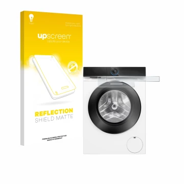 Face avant d’un emballage produit avec le logo de la marque upscreen. À côté, l’appareil Siemens WG56B2041 IQ700 Touchdisplay 