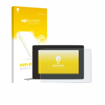 Face avant d’un emballage produit avec le logo de la marque upscreen. À côté, l’appareil Tesla Model Y Juniper 2025 est représ