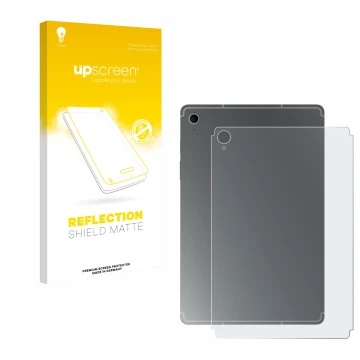 Face avant d’un emballage produit avec le logo de la marque upscreen. À côté, l’appareil Samsung Galaxy Tab S10 FE (Arrière) e