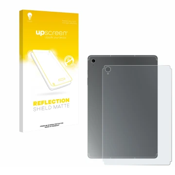 Face avant d’un emballage produit avec le logo de la marque upscreen. À côté, l’appareil Samsung Galaxy Tab S10 FE+ (Arrière) 