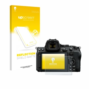 Face avant d’un emballage produit avec le logo de la marque upscreen. À côté, l’appareil Nikon Z5 II est représenté avec la pr