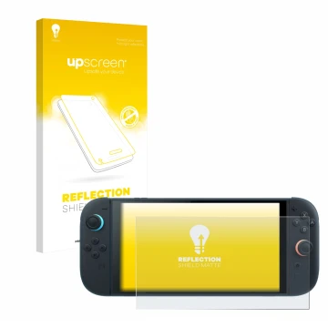 Face avant d’un emballage produit avec le logo de la marque upscreen. À côté, l’appareil Nintendo Switch 2 est représenté avec