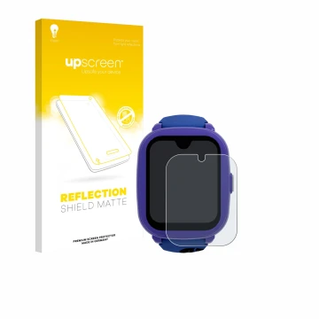 Face avant d’un emballage produit avec le logo de la marque upscreen. À côté, l’appareil SaveFamily Iconic Plus 2 4G est repré
