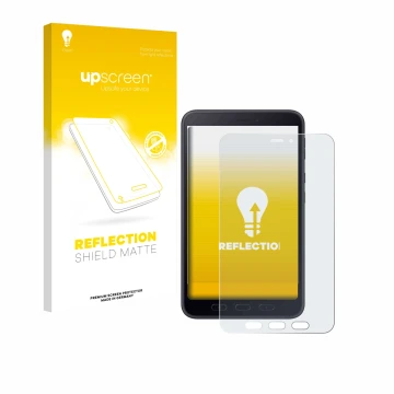 Face avant d’un emballage produit avec le logo de la marque upscreen. À côté, l’appareil Samsung galaxy Tab Active 5 5G Enterp