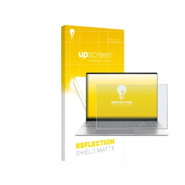 Face avant d’un emballage produit avec le logo de la marque upscreen. À côté, l’appareil ASUS Vivobook S16 S3607 est représent