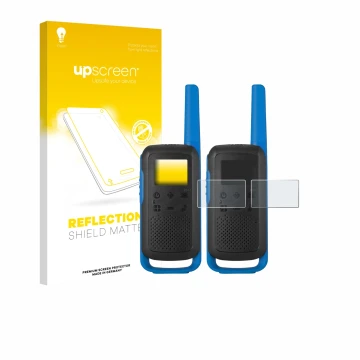 Face avant d’un emballage produit avec le logo de la marque upscreen. À côté, l’appareil Motorola TALKABOUT T62 est représenté