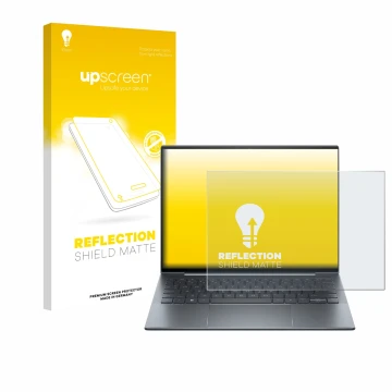 Face avant d’un emballage produit avec le logo de la marque upscreen. À côté, l’appareil HP Dragonfly 13.5