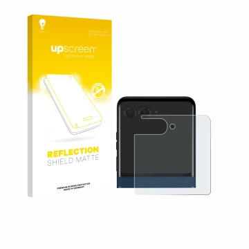 Face avant d’un emballage produit avec le logo de la marque upscreen. À côté, l’appareil Motorola Razr 60 (Affichage arrière) 