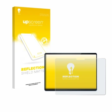 Face avant d’un emballage produit avec le logo de la marque upscreen. À côté, l’appareil Microsoft Surface Pro 13 est représen