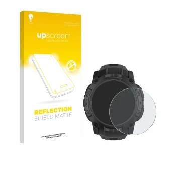 Face avant d’un emballage produit avec le logo de la marque upscreen. À côté, l’appareil Garmin Instinct 3 Solar Tactical Edit