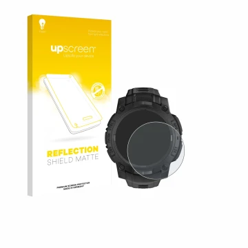 Face avant d’un emballage produit avec le logo de la marque upscreen. À côté, l’appareil Garmin Instinct 3 Solar Tactical Edit