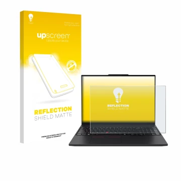 Face avant d’un emballage produit avec le logo de la marque upscreen. À côté, l’appareil Lenovo ThinkPad P16s Gen 4 est représ