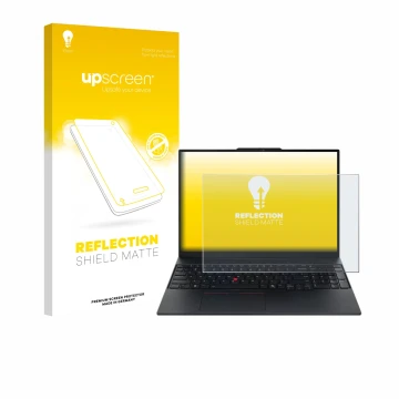 Face avant d’un emballage produit avec le logo de la marque upscreen. À côté, l’appareil Lenovo ThinkPad E16 Gen 3 est représe