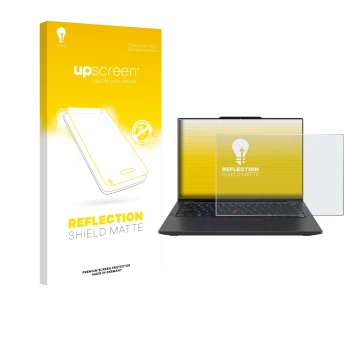 Face avant d’un emballage produit avec le logo de la marque upscreen. À côté, l’appareil Lenovo ThinkPad X13 Gen 6 est représe