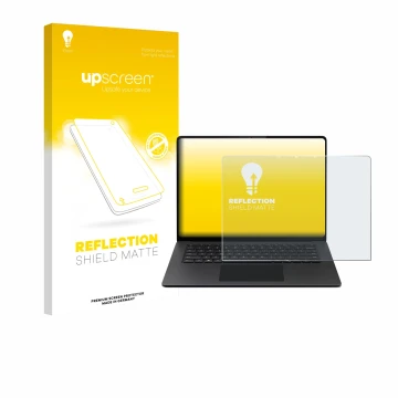 Face avant d’un emballage produit avec le logo de la marque upscreen. À côté, l’appareil Microsoft Surface Laptop 15