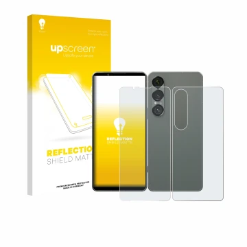 Face avant d’un emballage produit avec le logo de la marque upscreen. À côté, l’appareil Sony Xperia 1 VII (Avant+Arrière) est