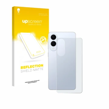 Face avant d’un emballage produit avec le logo de la marque upscreen. À côté, l’appareil Samsung Galaxy S25 Edge (Arrière) est