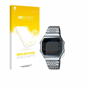 Face avant d’un emballage produit avec le logo de la marque upscreen. À côté, l’appareil Casio iconic ABL-100WE-1A est représe
