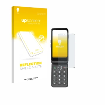 Face avant d’un emballage produit avec le logo de la marque upscreen. À côté, l’appareil Doro Aurora A20 est représenté avec l